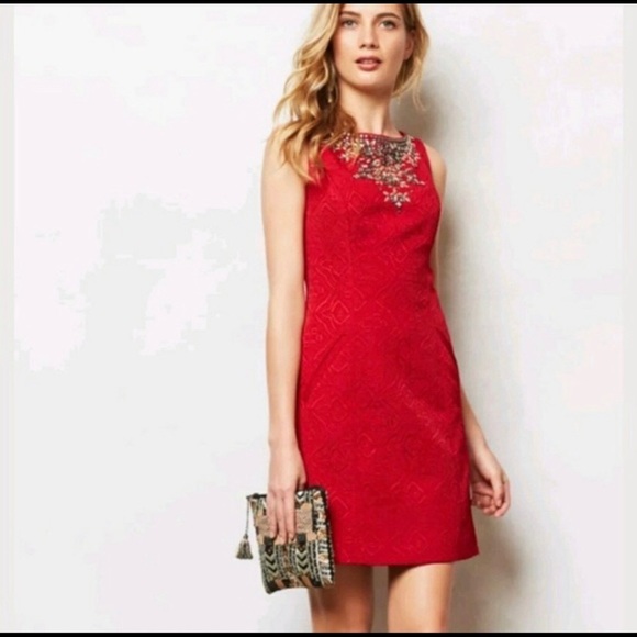 Anthropologie Moulinette Soeurs Red Brocade Embellished Sheath Dress Sz.0 - Picture 2 of 15